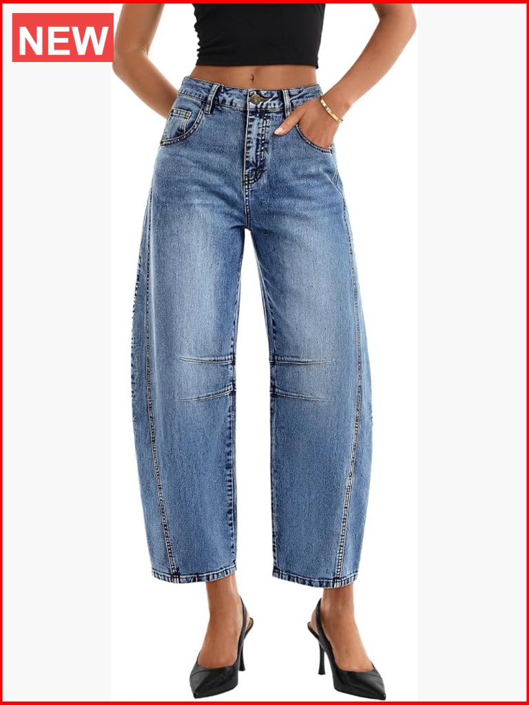 High Waisted Wide Leg Stretchy Baggy Ankle Barrel Jeans With Pockets